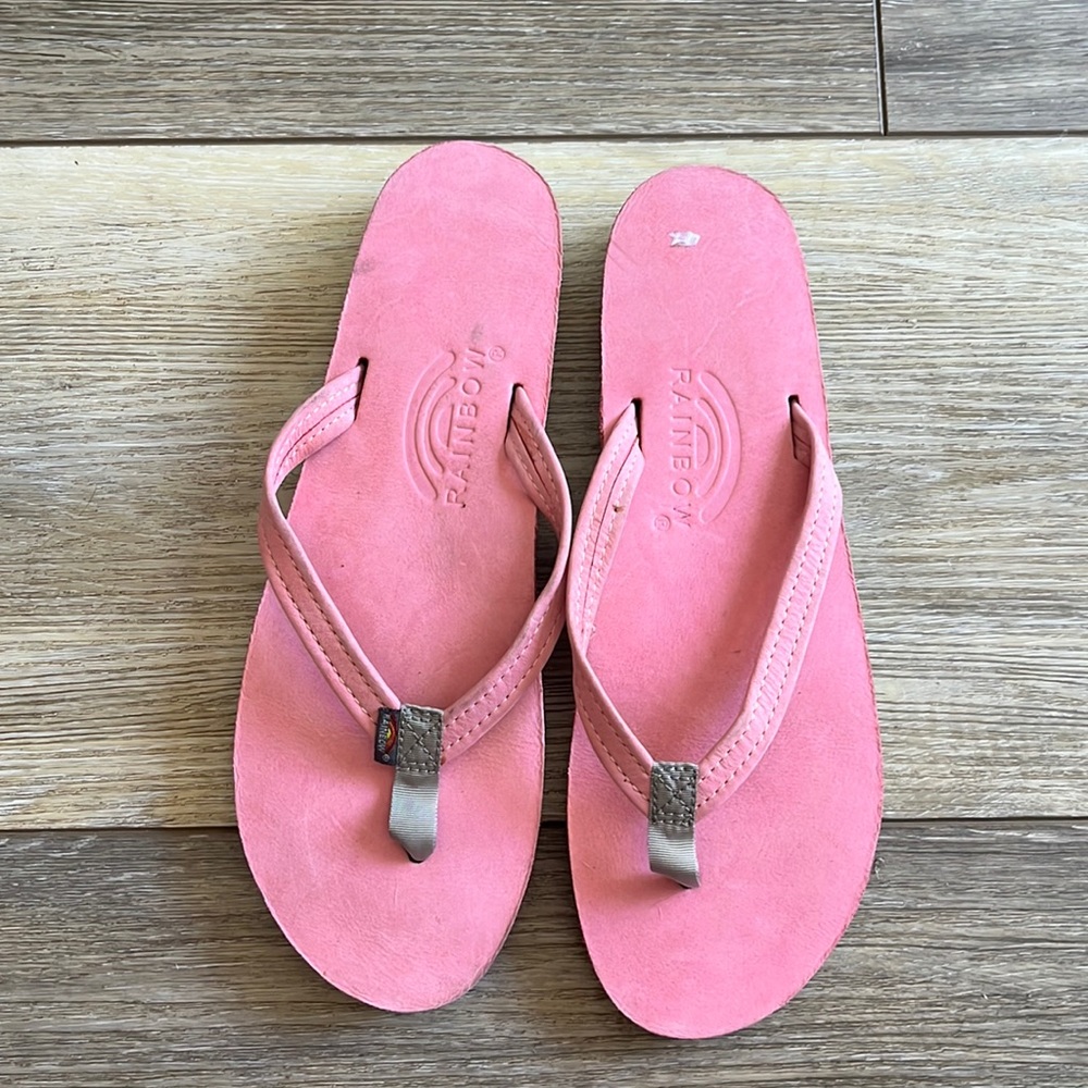 Pink rainbow flip flops
